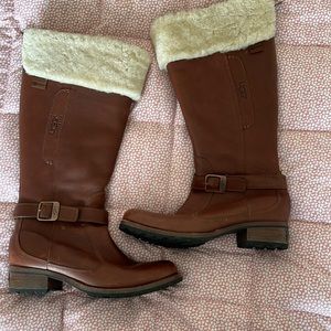 UGG Brown Leather Winter Boots with Cream Fur